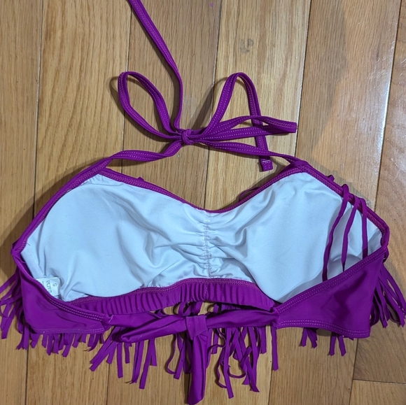 Women’s Fringe Purple Bikini Swim Top Plunge Ruched Size Small - Picture 4 of 5